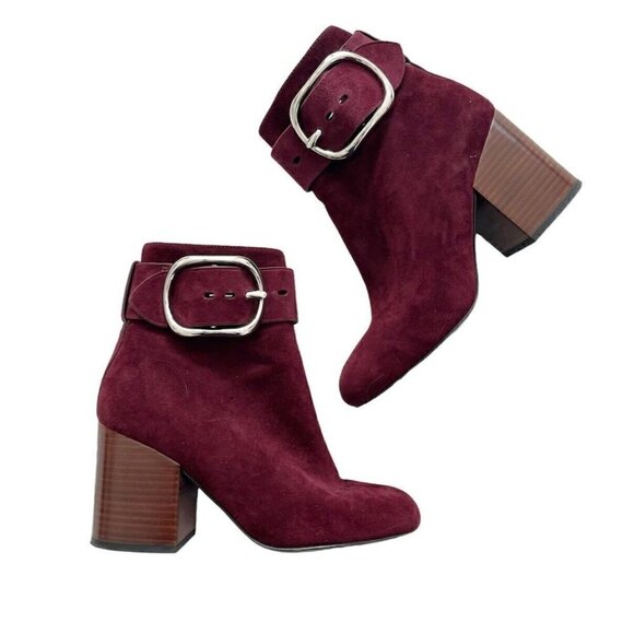 Alexander Wang Kenze Bordeaux Suede Buckle Chunky Heel Booties Women's Sz 36.5 - Picture 7 of 10